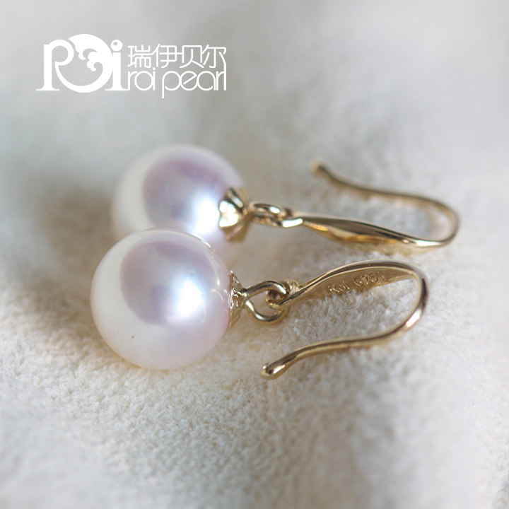 瑞伊贝尔 正圆极强光AKOYA海水珍珠 低奢18K黄金耳环耳勾 包邮