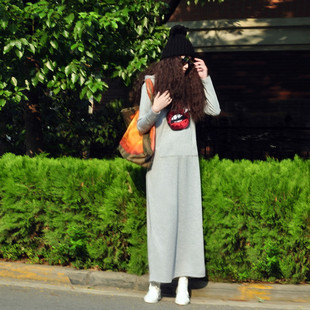 秋冬女装欧美亮片红唇加绒宽松套头超长款卫衣连衣裙连帽休闲外套