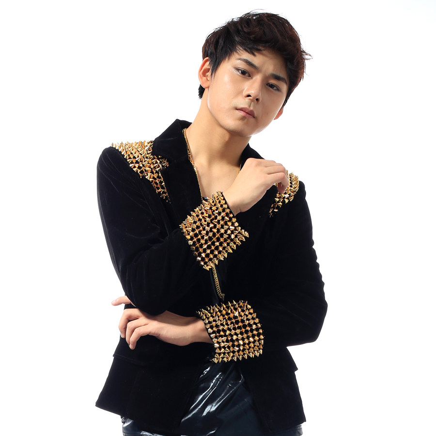 丹尼酒吧ds男歌手 dj舞台演出服 黑色金铆钉短款修身小西装男