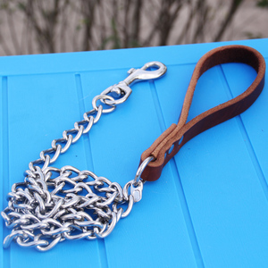 包邮中大型牛皮铁链金毛牵引带萨摩牵引带狗带狗链子宠物不锈钢链