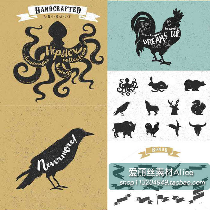 [53]复古手绘动物影子章鱼小鸟公鸡兔子松鼠含PNG AI矢量设计素材