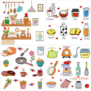 可移除墙贴创意墙纸卡通早餐橱柜厨房冰箱餐厅贴纸贴画自粘 包邮