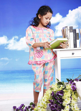 芬腾睡衣春夏女童梭织纯棉可爱家居服儿童套装130829裙子130830