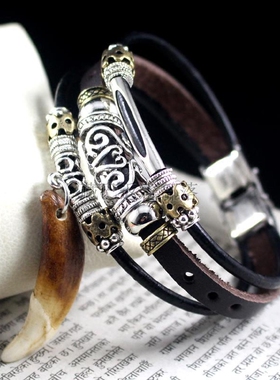 男士藏獒牙吊坠牛皮配饰手链