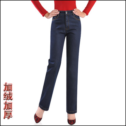 秋冬装新品中老年加绒加厚牛仔裤女长裤高腰直