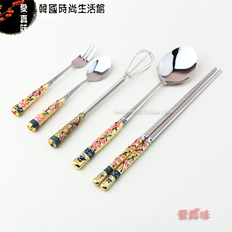 爱真味 18-10不锈钢筷子 扁形 勺子叉子打蛋器 创意 韩国餐具套装