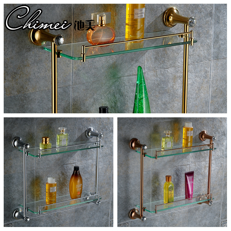 全铜欧式卫浴玫瑰金色双层玻璃化妆品置物架带毛巾杆浴室五金挂件