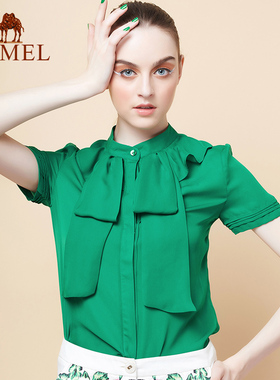 【非卖品】camel骆驼夏季新贵绿色衬衣蝴蝶荷叶领层叠折短袖衬衫
