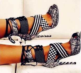 舞台走秀鞋 拼色超高跟花皮真 圆点皮乱纹皮拼色鱼嘴 凉鞋 2020女鞋