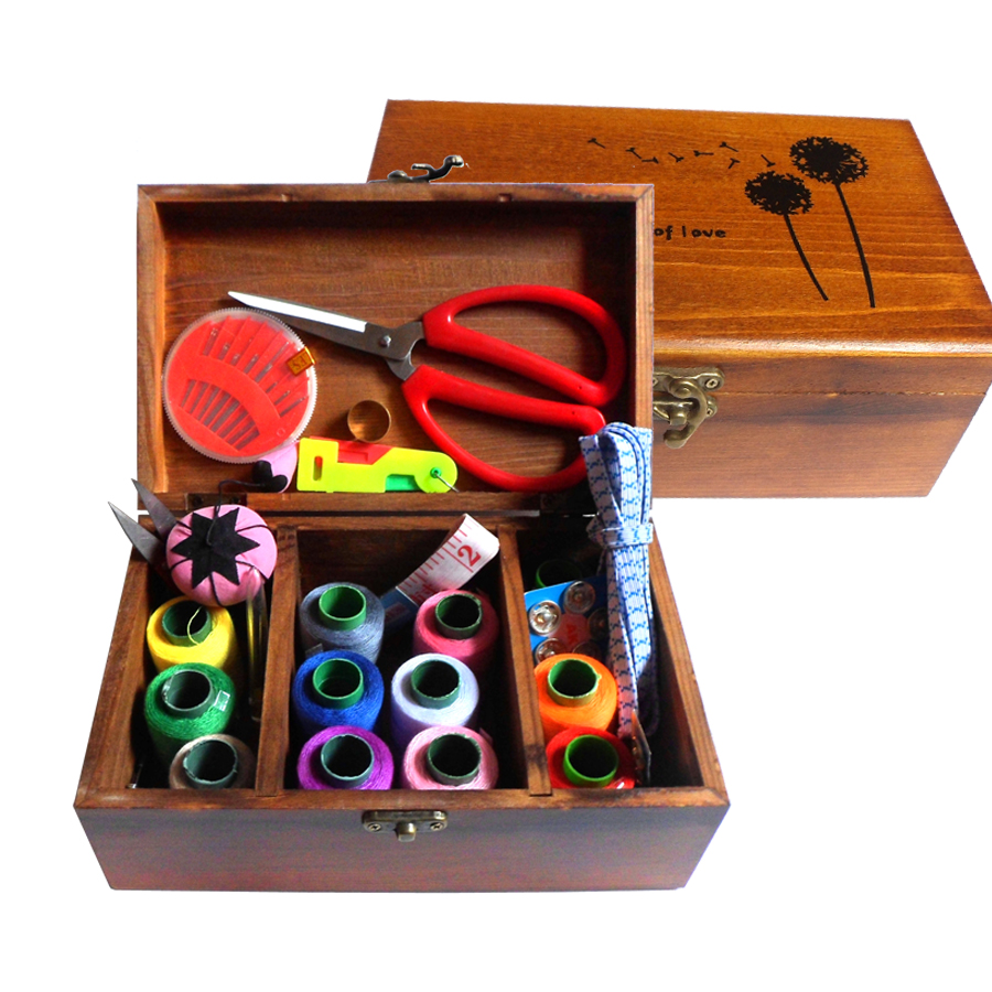 家用手工用品套装实木针线收纳盒木质针线盒套装针线包缝补工具盒