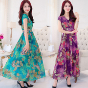 2016夏装新款波西米亚长裙沙滩裙印花雪纺短袖连衣裙女大码V领潮