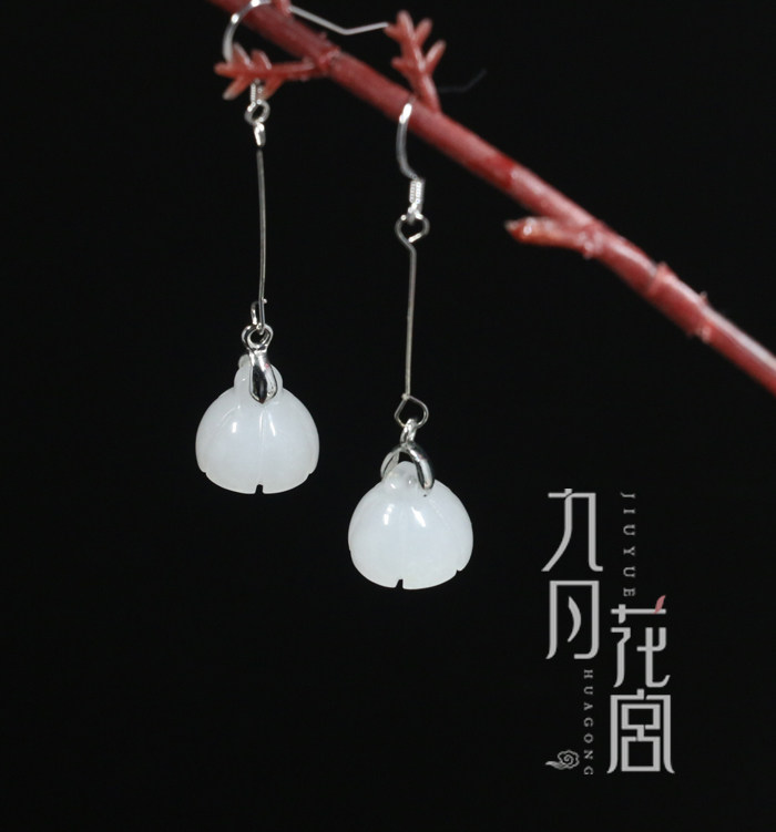 古风古典古装长款气质超仙耳环耳坠 古代白玉莲蓬花朵耳饰耳夹 女