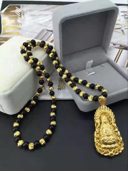 久不掉色越南沙金男女项链手工黑耀石铜合金镀金平安观音吊坠项链
