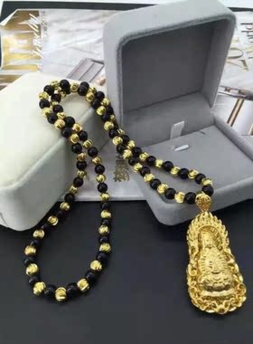不掉色黑玛瑙观音金项链