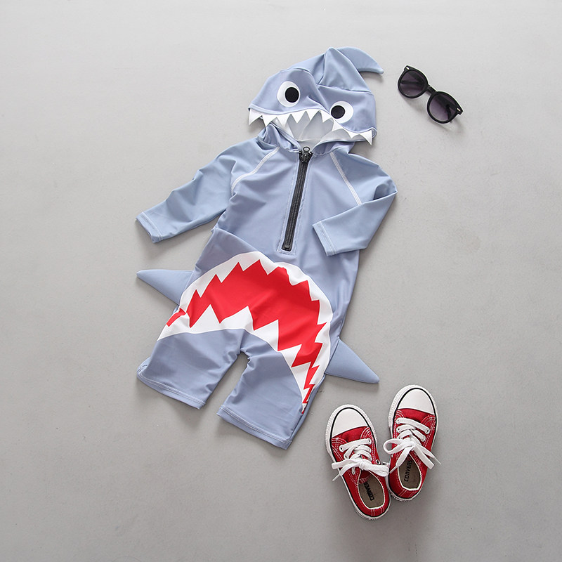 外贸儿童连体鲨鱼泳衣防紫外线男童婴儿潜水冲浪服防晒连体游泳衣