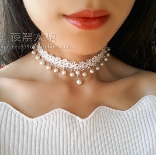 『月光林地』日韩唯美lolita浅米白编织复古仿珍珠蕾丝项链choker