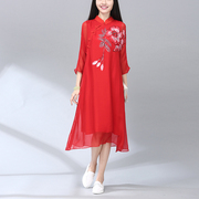 2017夏装大码女装女立领盘扣宽松旗袍中国风复古印花真丝连衣裙