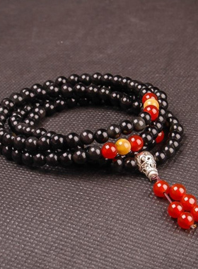 天然黑曜石红玛瑙佛珠手链