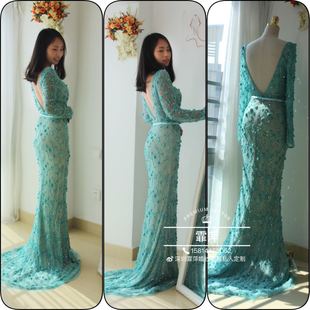 量身定做蓝色露背长袖鱼尾修身包臀长裙晚装晚礼服重工钉珠