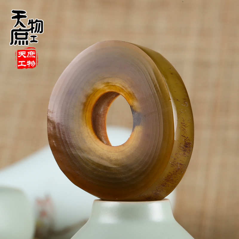 天然金丝牦牛角平安扣 吊坠挂件 角雕工艺品