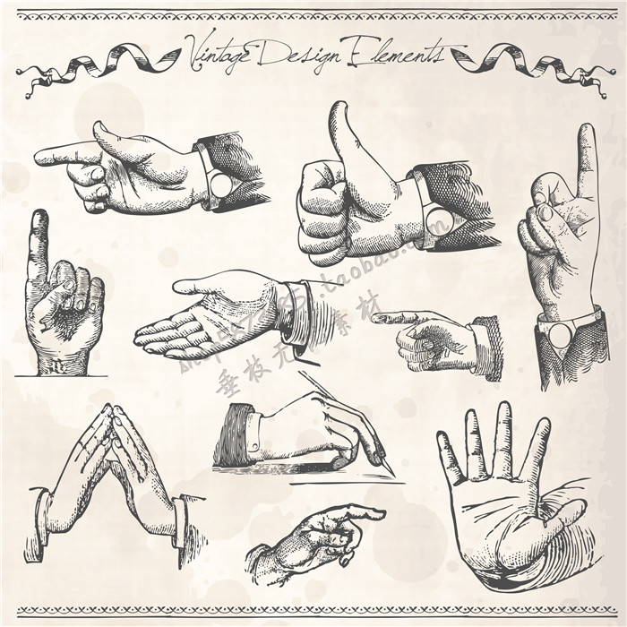 a1839矢量复古线稿风格手势图案 ai设计素材