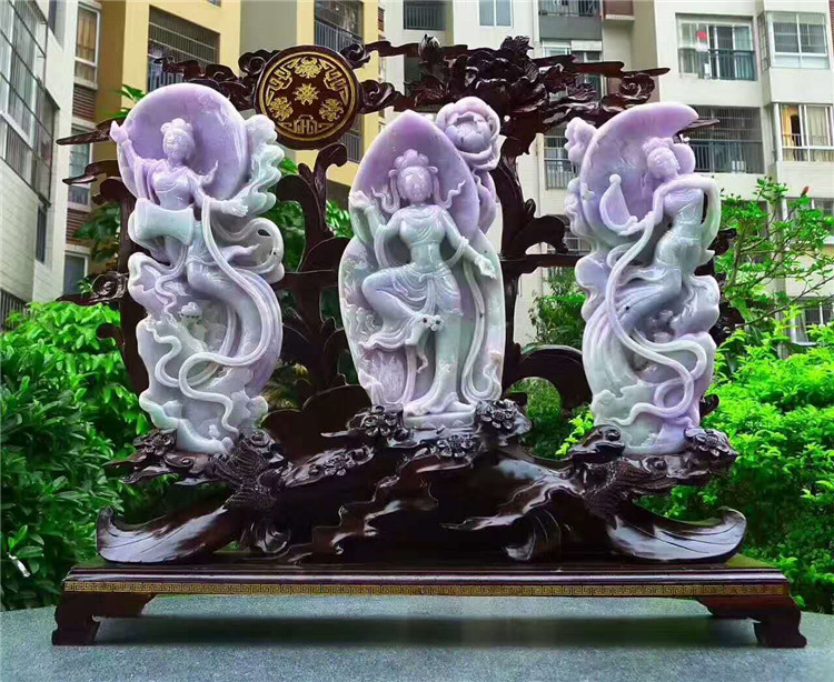 正品天然翡翠A货老坑种 春带彩仙女下凡摆件 配鉴定证书