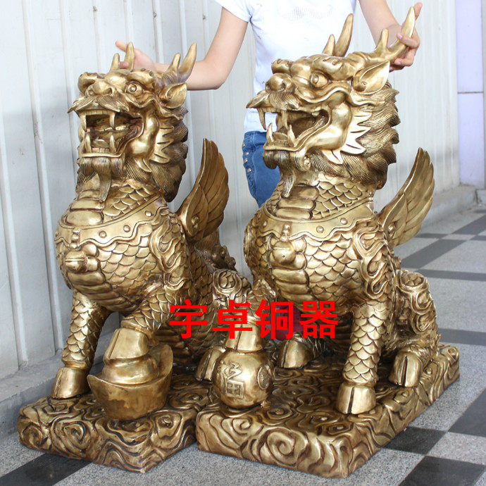 宇卓铜器 财富麒麟一对财踩元宝踩球纯铜麒麟室外大门口摆件