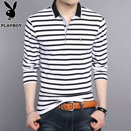花花公子男士T恤韩版修身条纹体恤2017新款男装衣服POLO衫潮