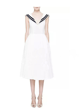 高端定制 海报网度假风清新复古水手海军方领纯白收身伞裙连衣裙