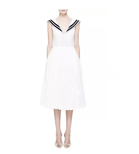 高端定制 海报网度假风清新复古水手海军方领纯白收身伞裙连衣裙