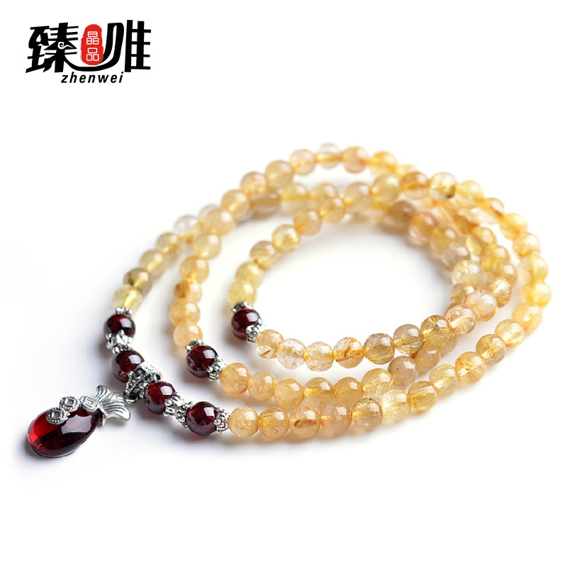 臻唯天然金发晶钛晶手链天然隔珠石榴石手链多层配925银付鉴定