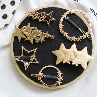 星星控~复古雾面金色五角星发夹几何圆圈顶夹发卡韩国金属发饰品