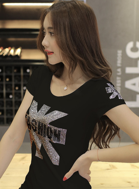 新款潮短袖t恤女装夏季时尚性感百搭黑色修身半袖体恤女学院风