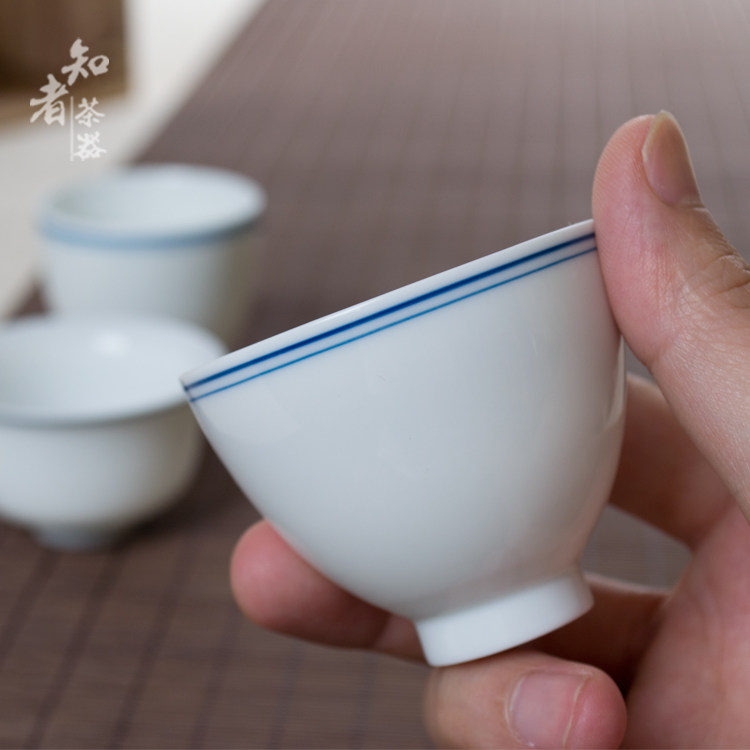手绘玄纹双线茶杯仿古高白瓷品茗杯青花瓷百搭功夫茶具景德镇杯子