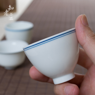 手绘玄纹双线茶杯仿古高白瓷品茗杯青花瓷百搭功夫茶具景德镇杯子