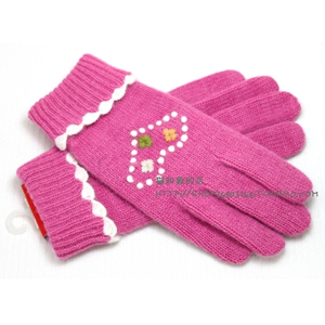 甜美可爱 心形小花 皮尔卡丹女款秋冬保暖 分指单层毛线手套 蓝色