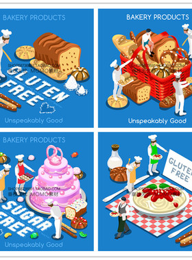 A3196矢量Isometric风格创意面包蛋糕食物制作插画 AI设计素材