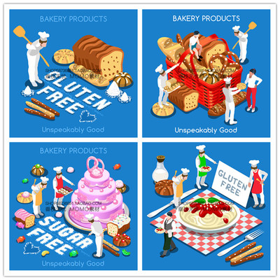 A3196矢量Isometric风格创意面包蛋糕食物制作插画 AI设计素材