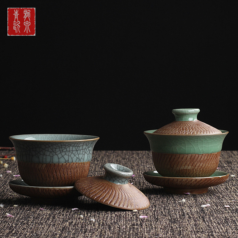 青瓷盖碗茶杯 茶具中号手工跳刀茶碗 陶瓷功夫茶三才盖碗包邮