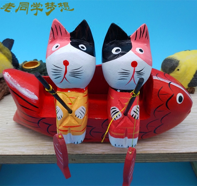 木质招财中号小猫咪置物架渔船
