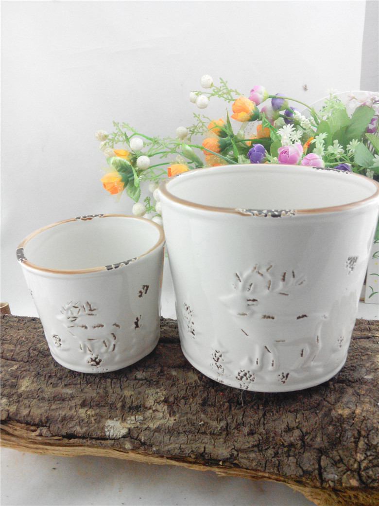 【多省满百包邮】陶瓷做旧浮雕小鹿外贸大号多肉花盆特色款 批发