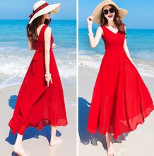 大红色雪纺连衣裙女夏季新款正反两穿超长裙大摆型海边度假沙滩裙