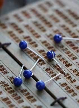 恰似故人来。4mm纯银蓝色青金石手工耳钉气质百搭流行耳环不过敏