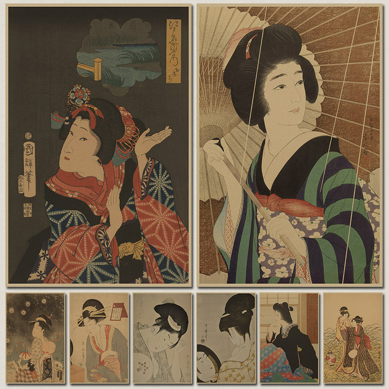 浮世绘 侍女图 日式风格 复古牛皮纸海报 日本料理酒吧装饰挂贴画图片