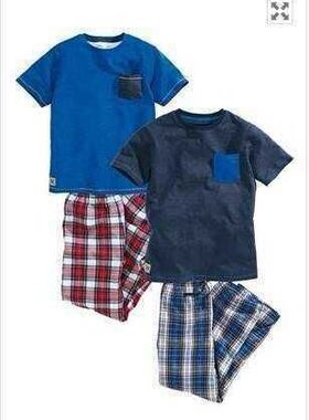 英国单 NE*T出口货 男童装纯棉短袖长裤深蓝色家居服空调亲子套装