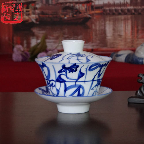 景德镇青花手绘老茶花手绘盖碗茶碗三彩杯吐司茶杯老式覆古茶杯