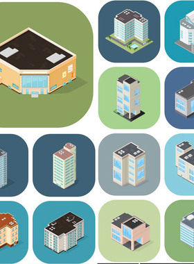 A2565矢量17个卡通立体3D轴测图Isometric风格建筑物 AI设计素材