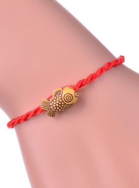 仿木质小鱼手链 创意手工编织年年有余小鱼手链红绳饰品