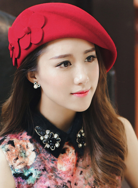 帽子女潮韩版时尚双花春秋冬天贝雷帽羊毛呢帽鸭舌帽女帽子女英伦
