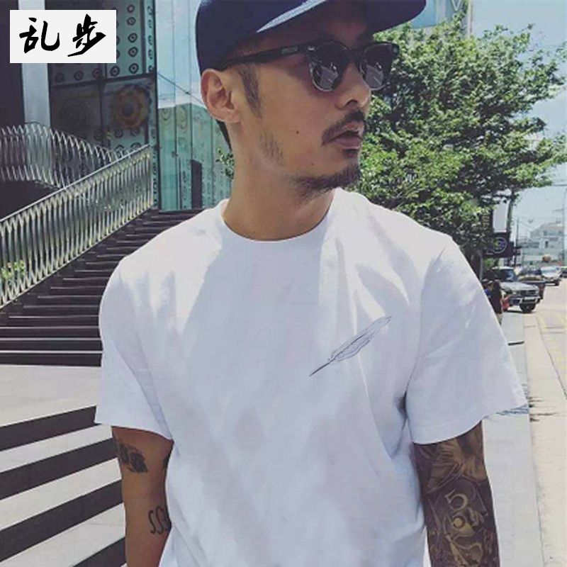 夏季港风个性半袖男士短袖T恤休闲宽松打底t-shirt羽毛刺绣情侣装